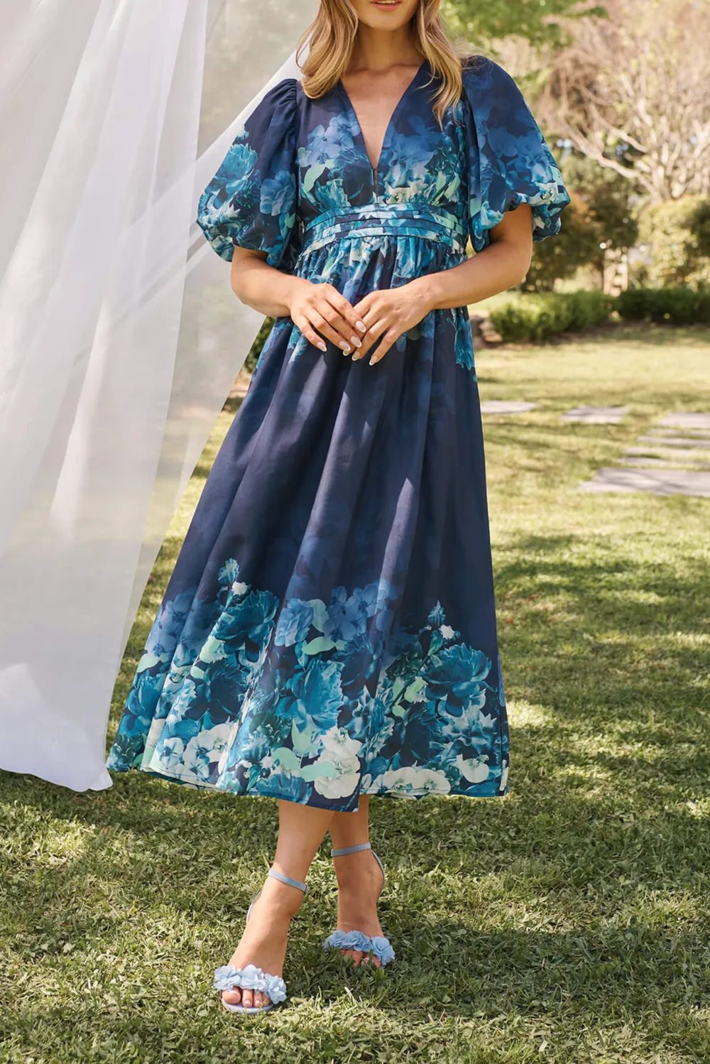 Navy Blue Floral Print Puff Sleeve Maxi Dress