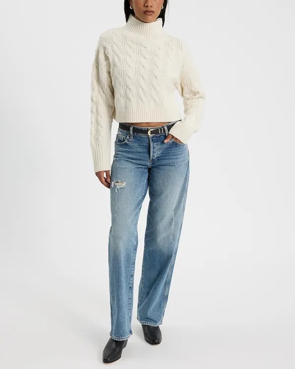 Cable Knit Mock Neck Cropped Sweater