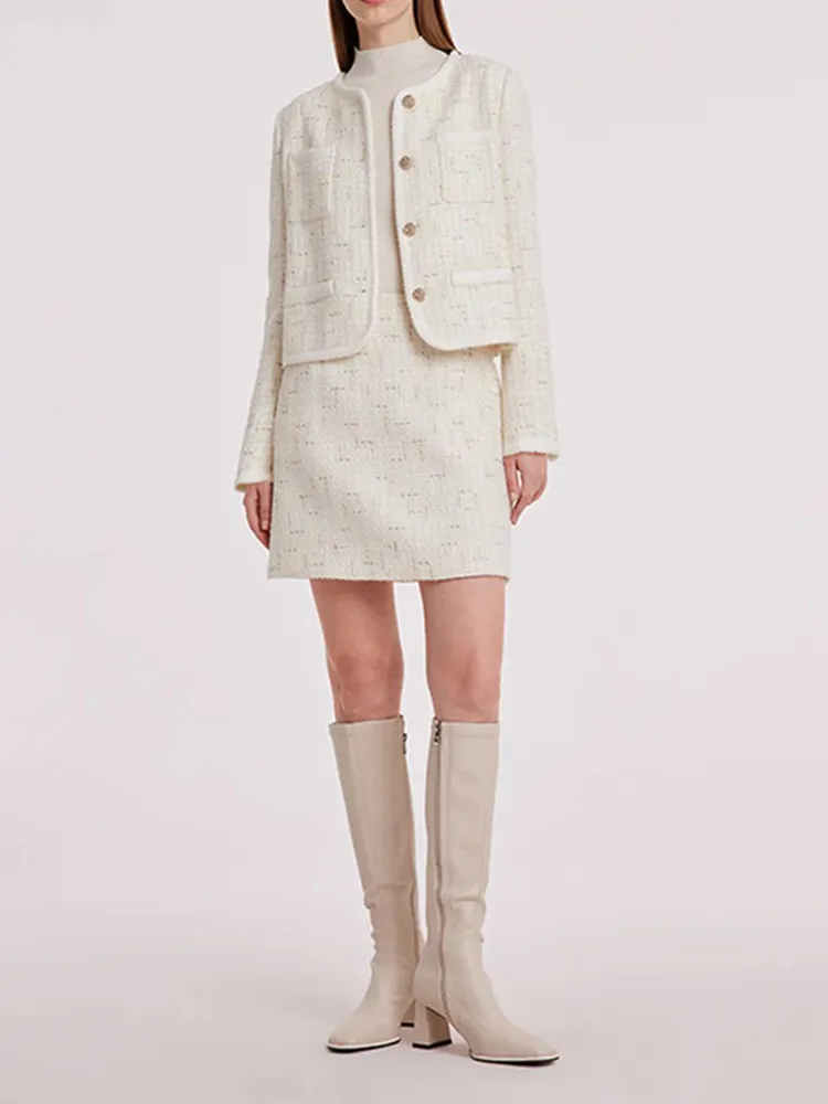 White Knitted Tweed Crop Jacket