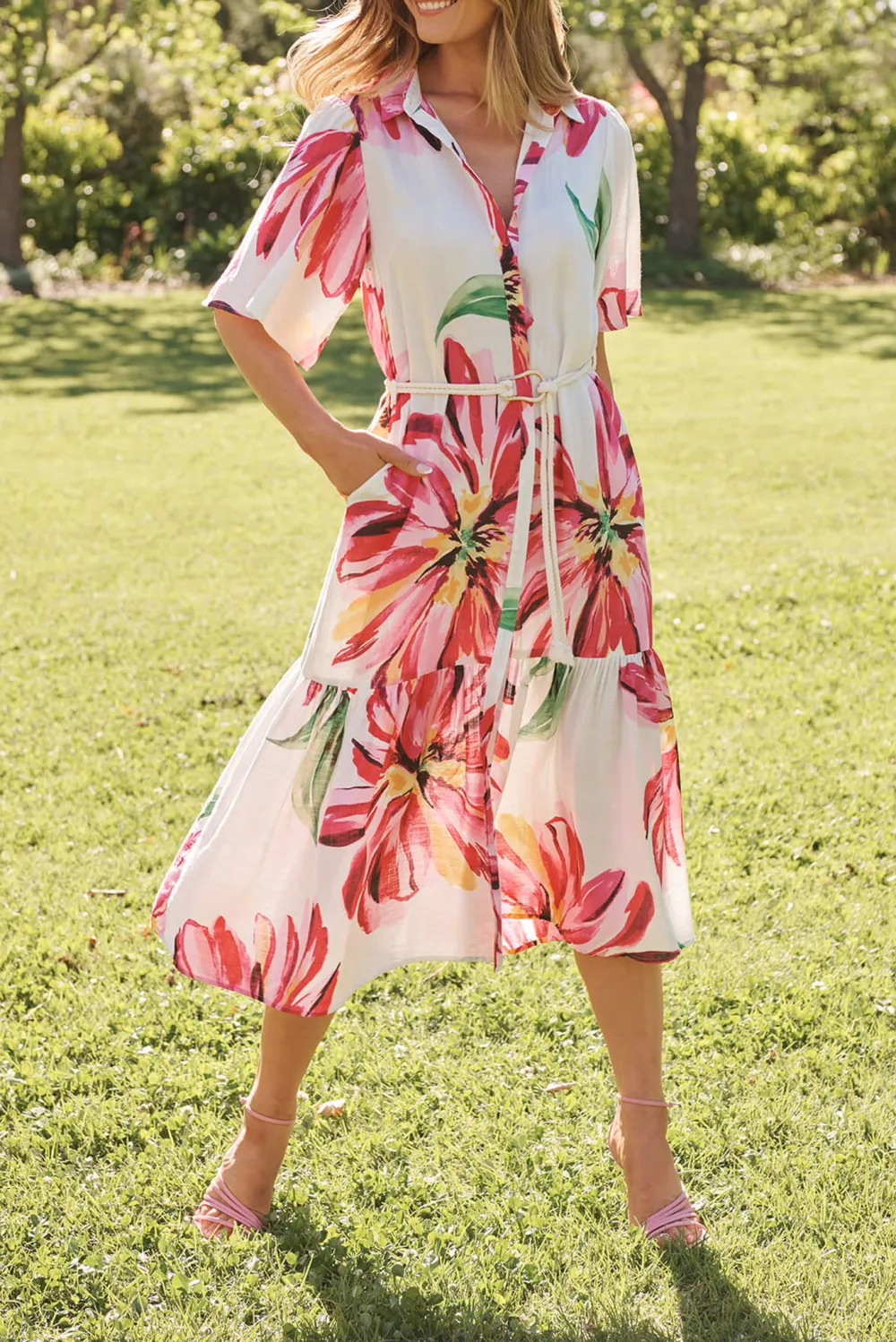 White Based Pink Floral Print Midi Dress