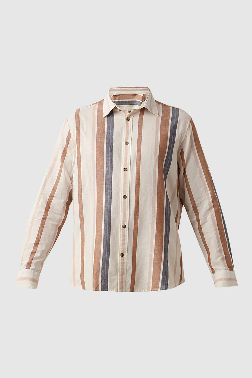 Beige Striped Linen Full Sleeves Shirt