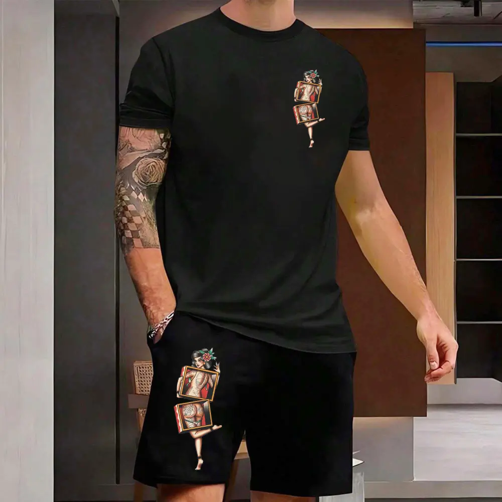 Magic Tattoo Girl Printed Casual T-Shirt Shorts Men's Suit