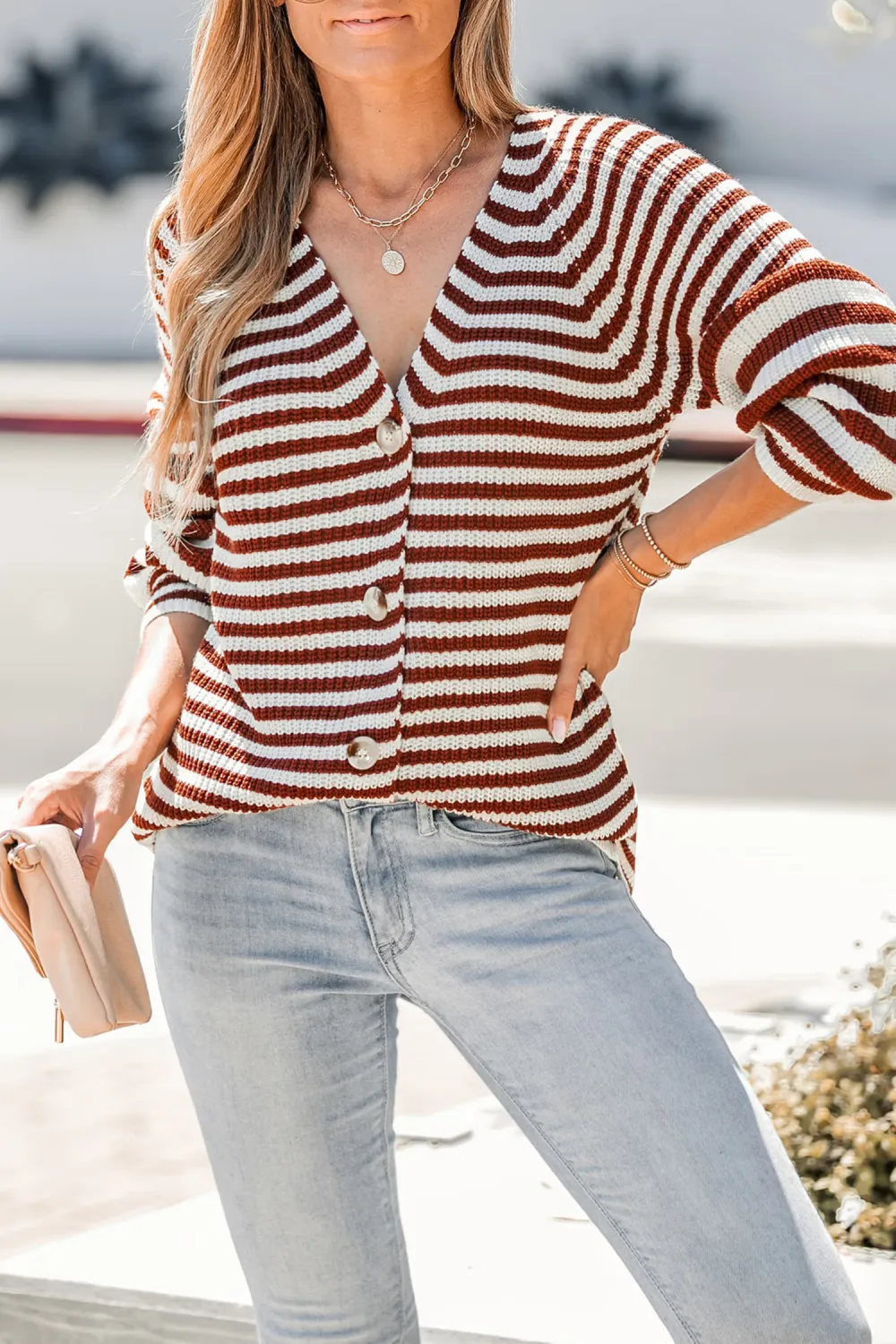 Striped V-Neck Buttoned Cardigan