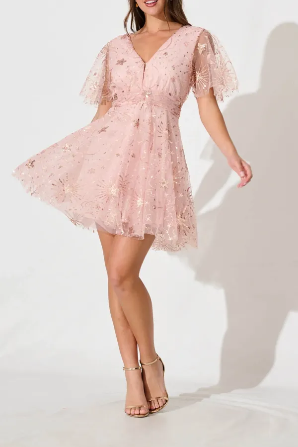 Pink Sequin Embroidered Mini Dress