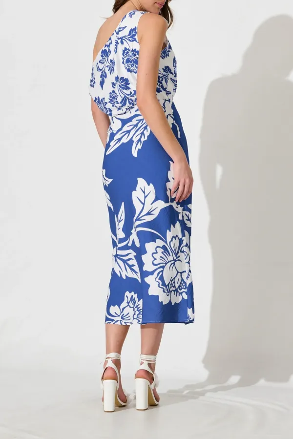 Blue White Patterned One Shoulder Maxi Dress