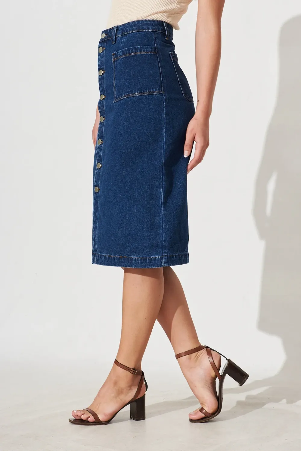Blue Denim Button Front Midi Skirt
