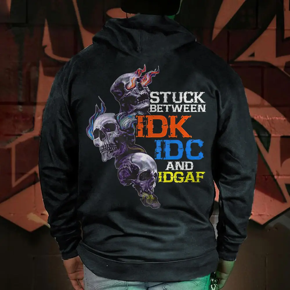 Stuck Between IDK IDC And IDGAF Printed Skull Men's Hoodie