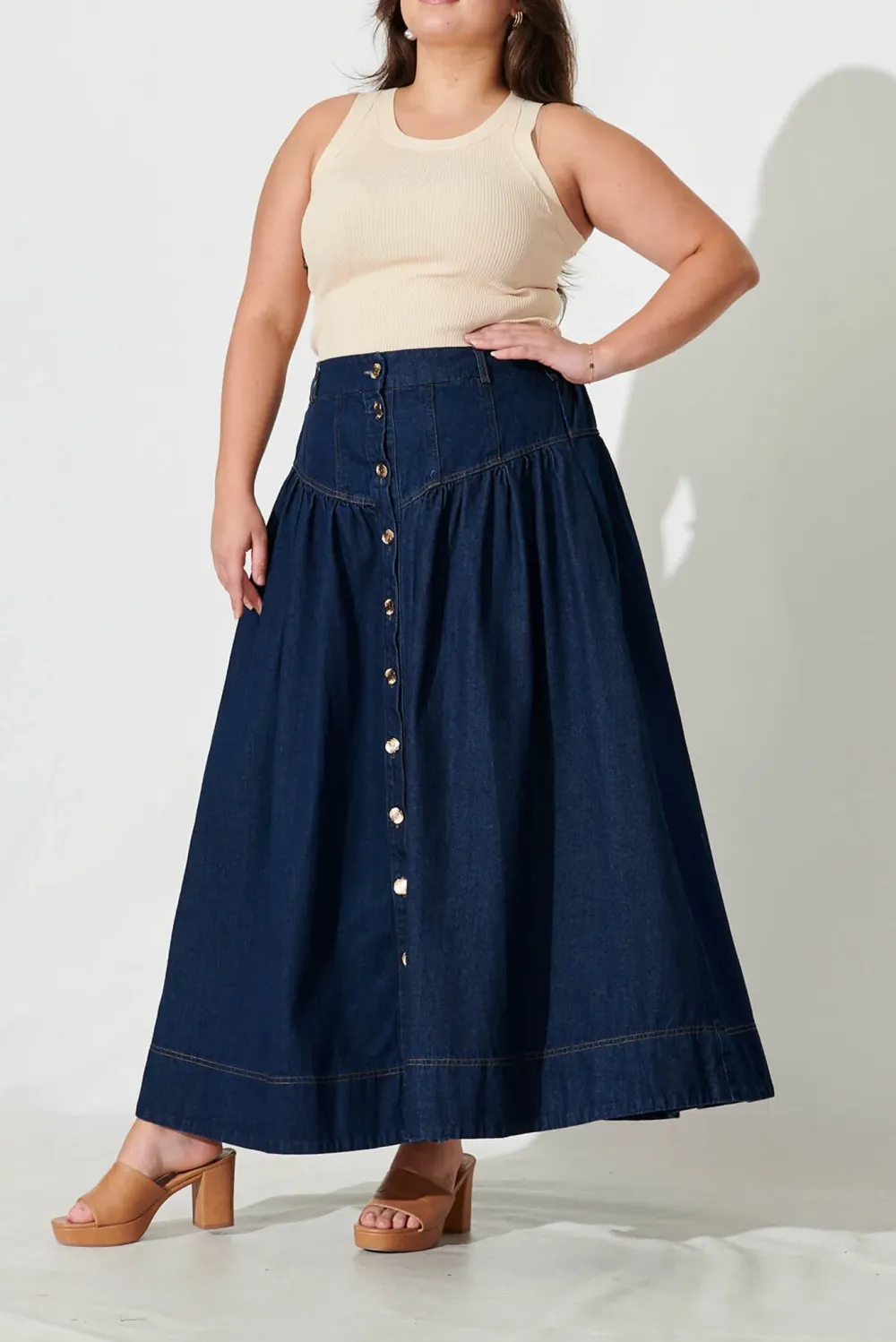 Navy Blue Button Front Denim Midi Skirt
