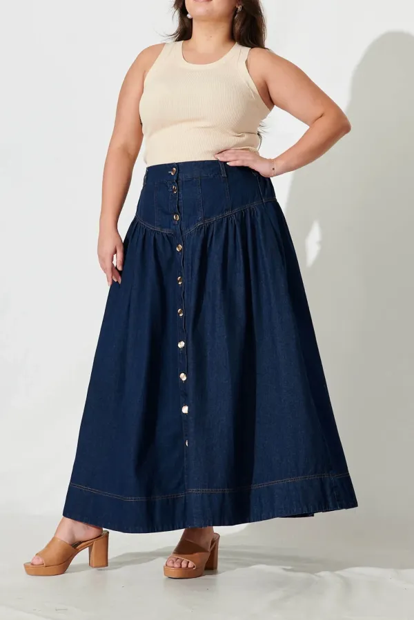 Navy Blue Button Front Denim Midi Skirt