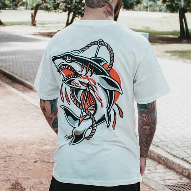 Injured Shark Printed Short-sleeved T-shirt