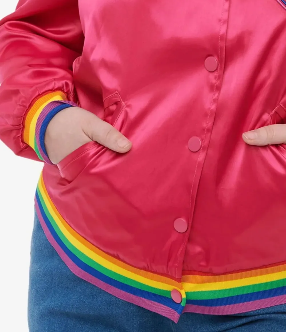 Unique Vintage Plus Size Hot Pink And Rainbow Pride Satin Bomber Jacket