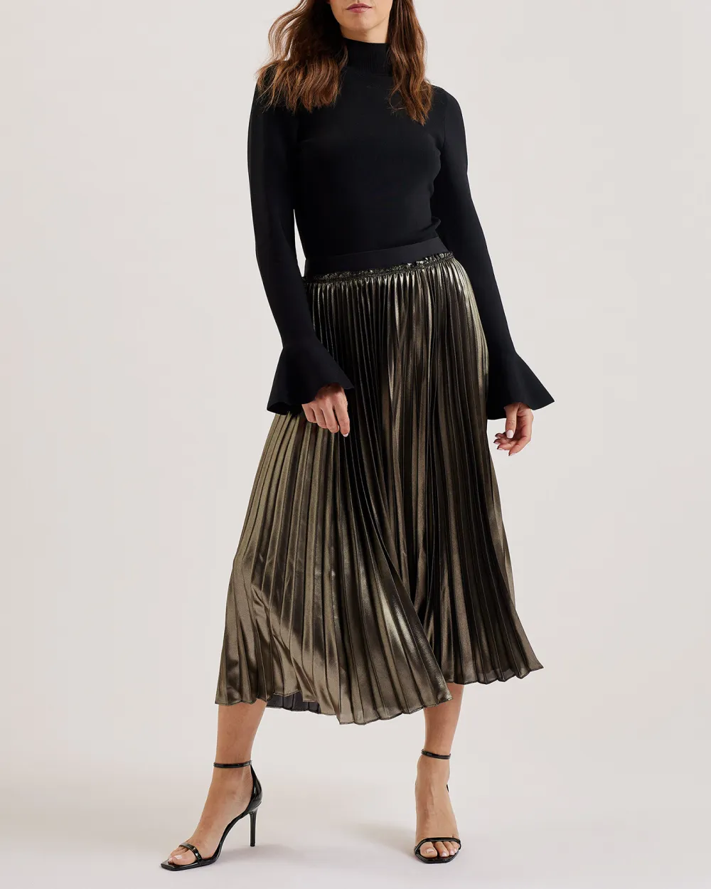 Kese Metallic Pleated Midi Skirt Gold