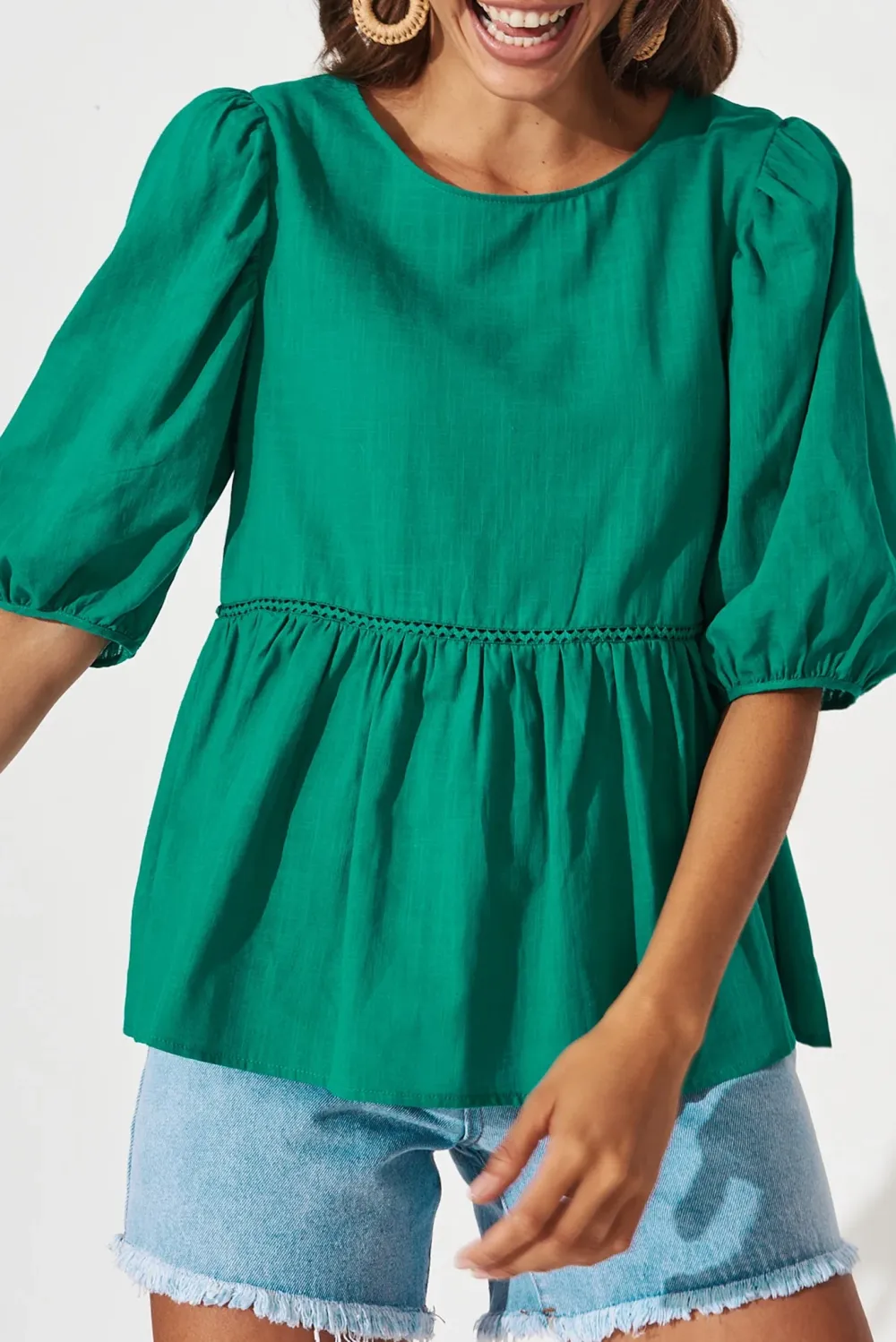 Green Half Sleeve Peplum Linen Top