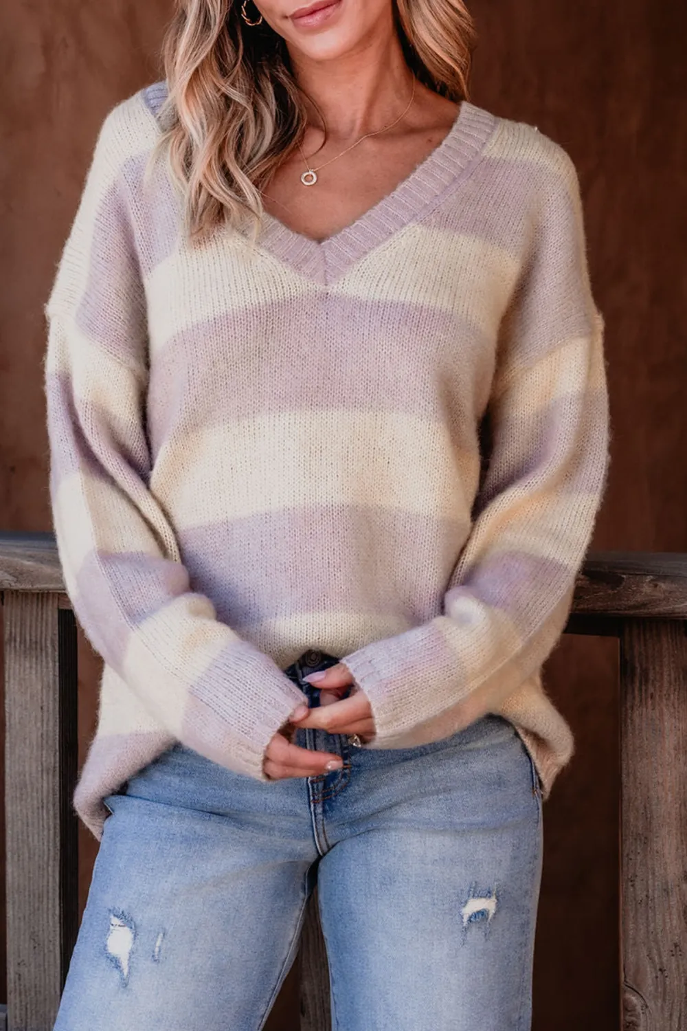 Lavender Striped V Neck Sweater