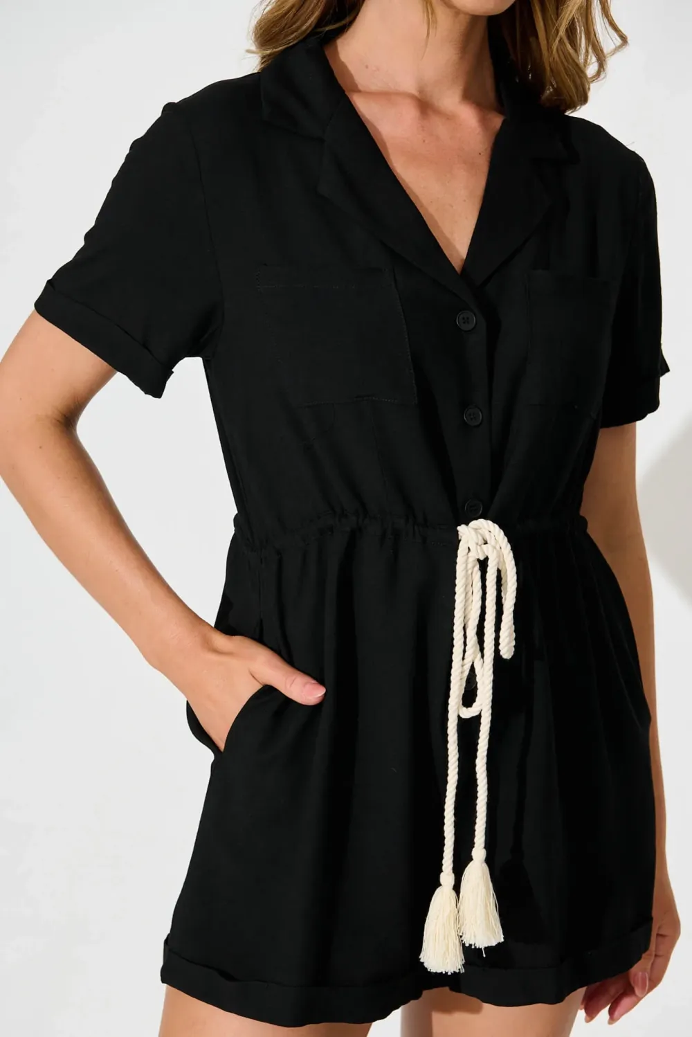 Black Short Sleeve Belted Romper