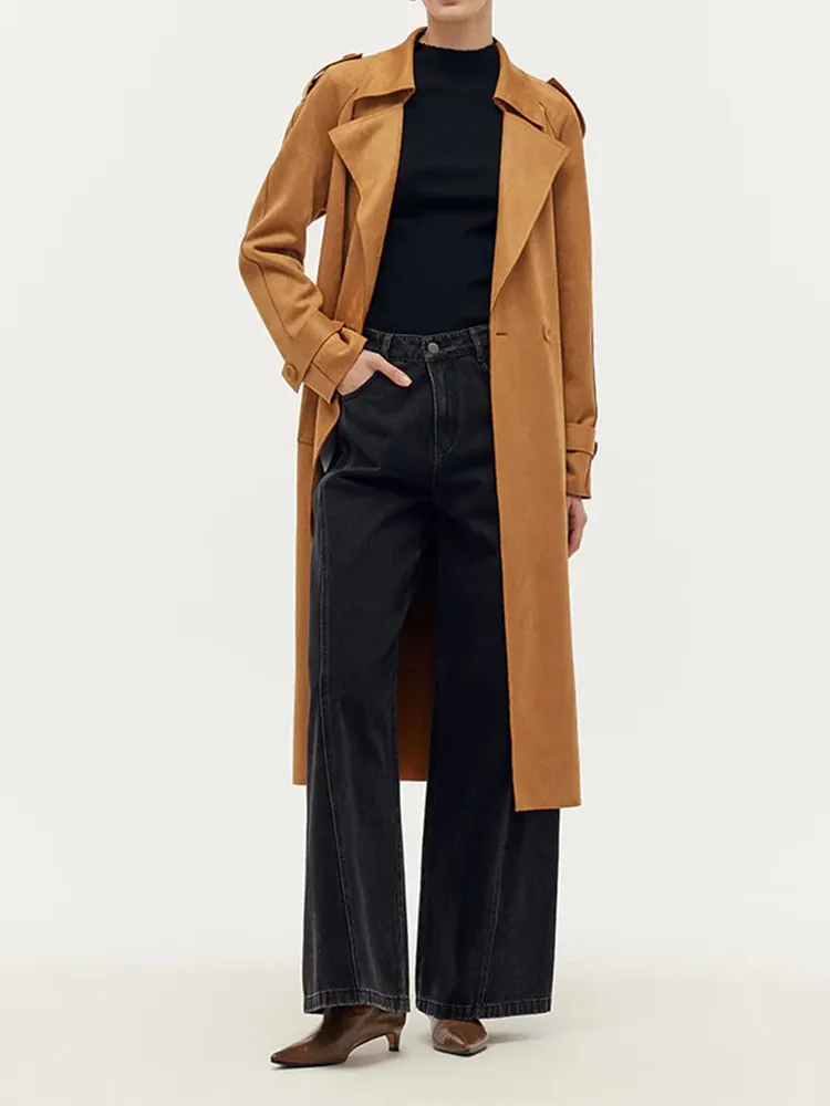 Faux Suede Women Trench Coat With Belt