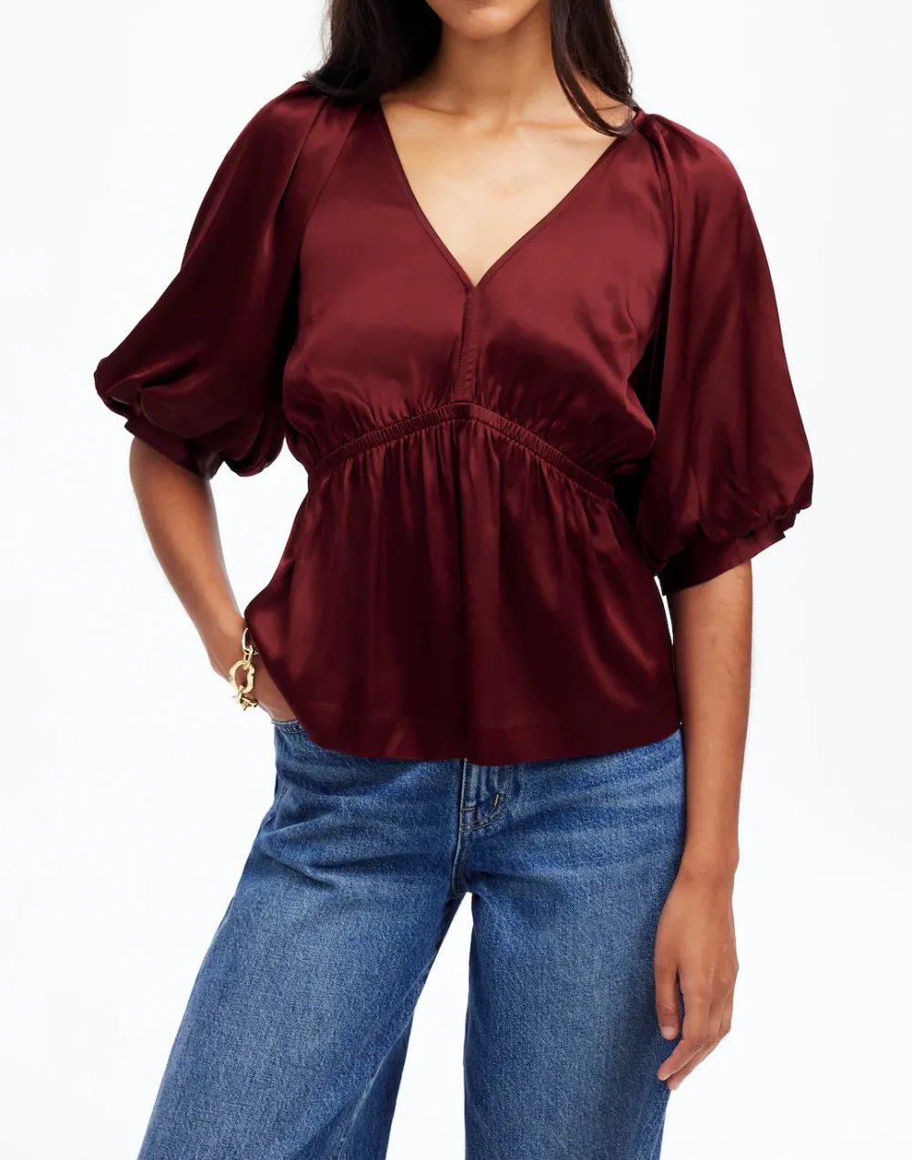 Shirred Puff-Sleeve Top in Satin