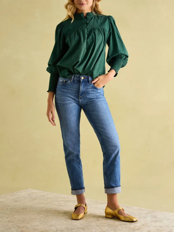 Green Paisley Cotton Frill Neck Blouse