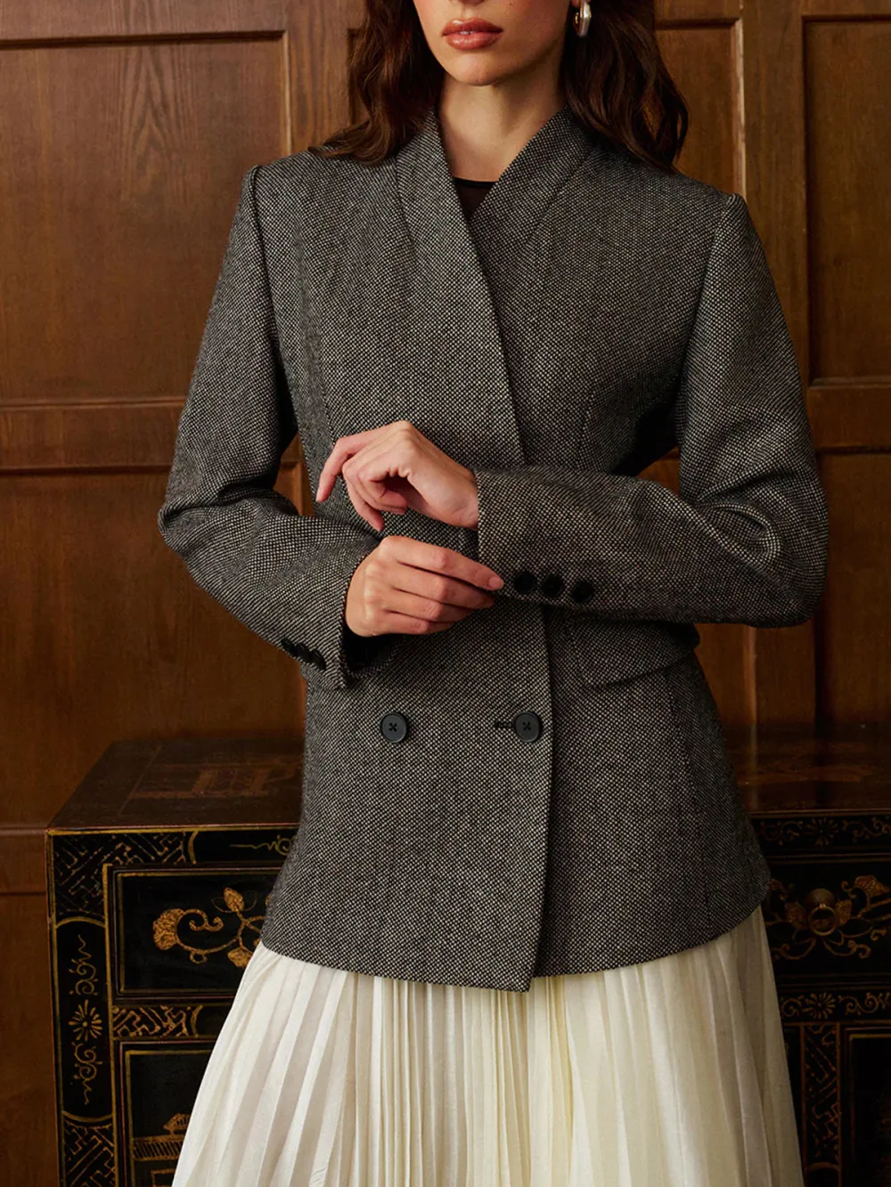 Wool-Blend Plain Double-Breasted Blazer