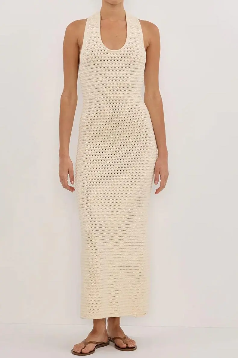 GINA CREAM HALTER CROCHET DRESS