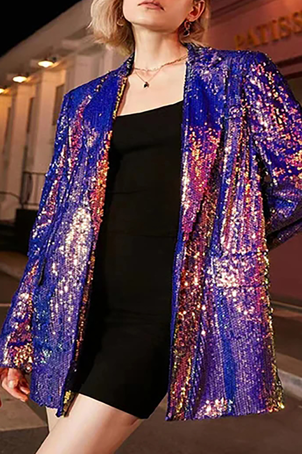 Iridescent Sequin Lapel Collar Long Sleeve Cinch Waist Metallic Party Blazer