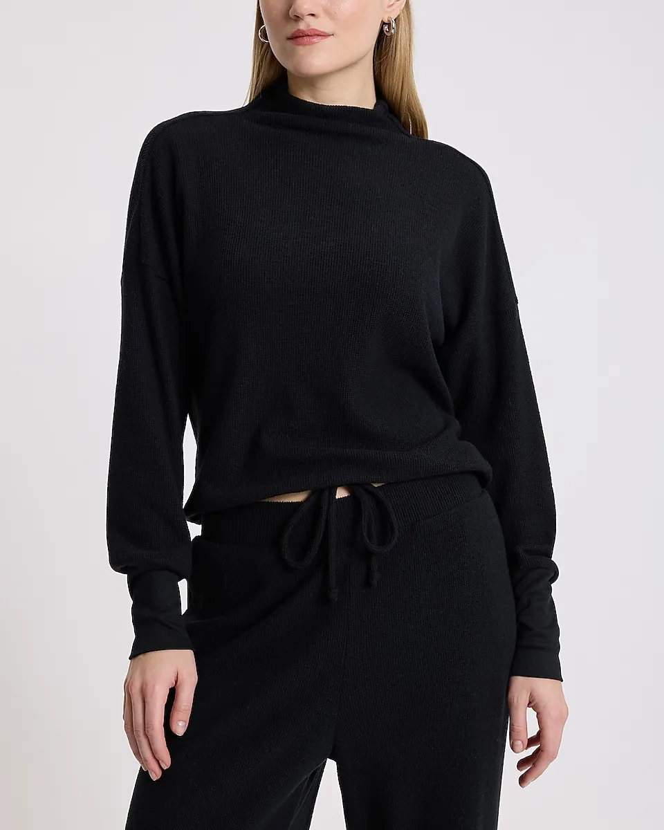 Waffle Mock Neck Long Sleeve Cinched Bottom Top