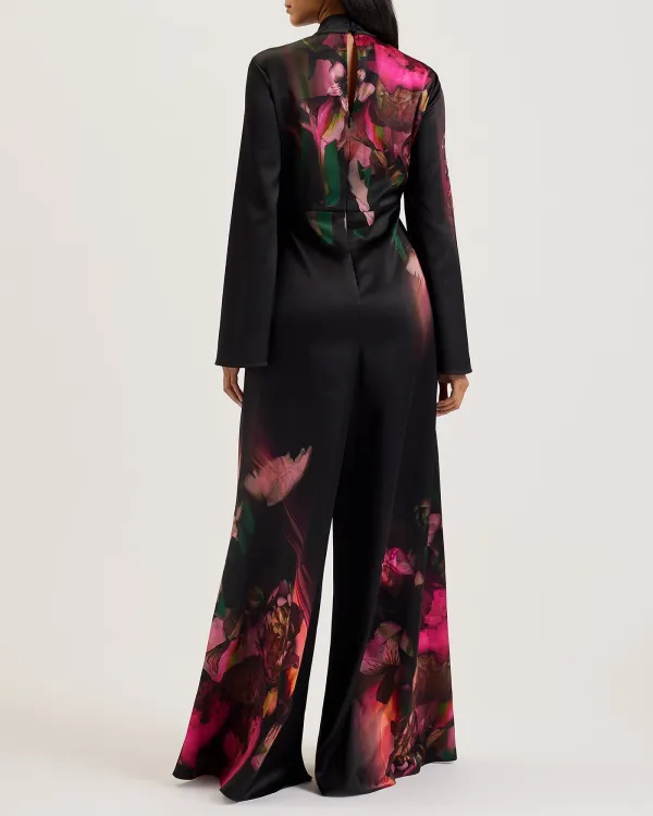 Lousios Printed Wide Leg Jumpsuit With Tie Black