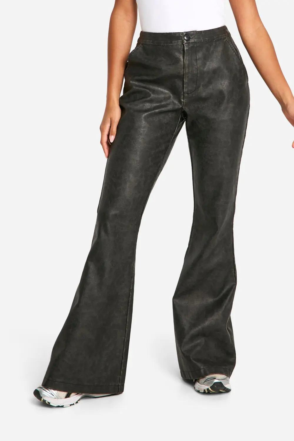 HIGH WAISTED WASHED PU FLARE PANTS