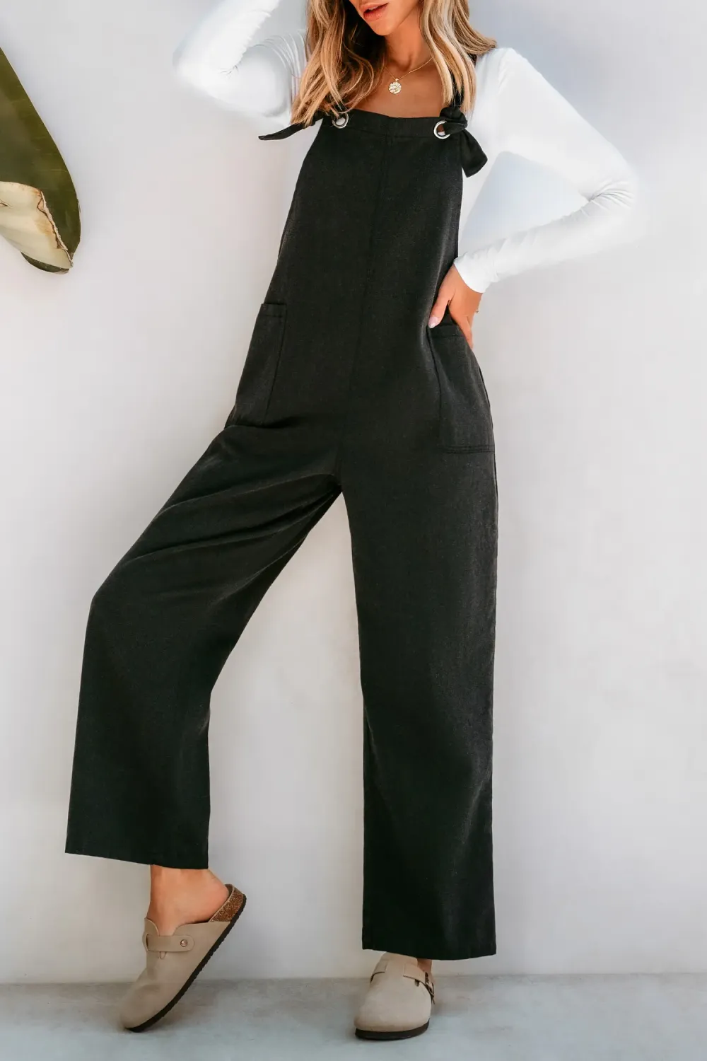 Charcoal Square Neck Knotted Strap Flared Leg Overalls