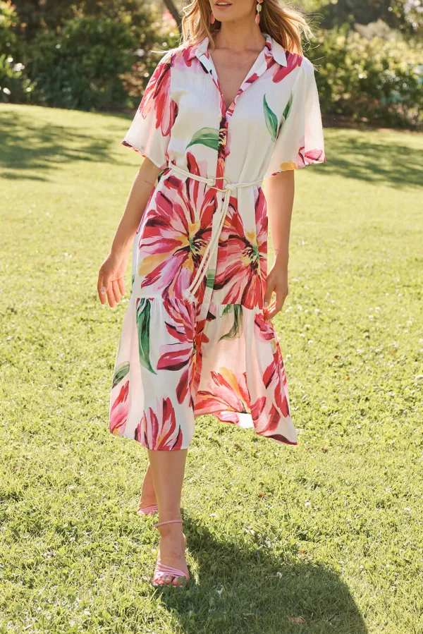 White Based Pink Floral Print Midi Dress