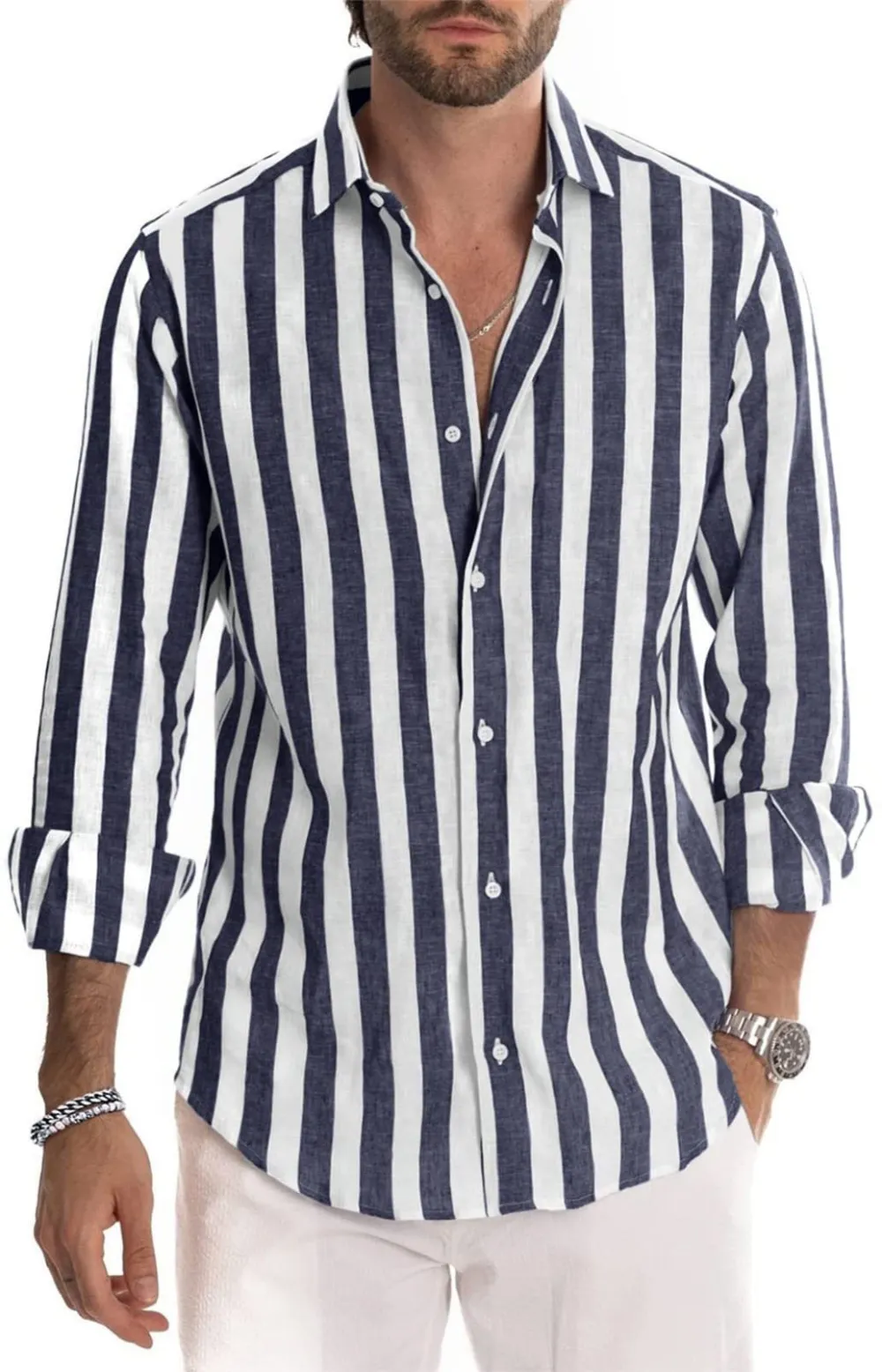 Men's Long-sleeved lapel striped shirt loose shirt