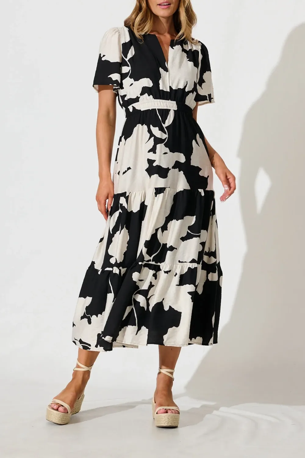 Black Floral Print Tiered Midi Dress