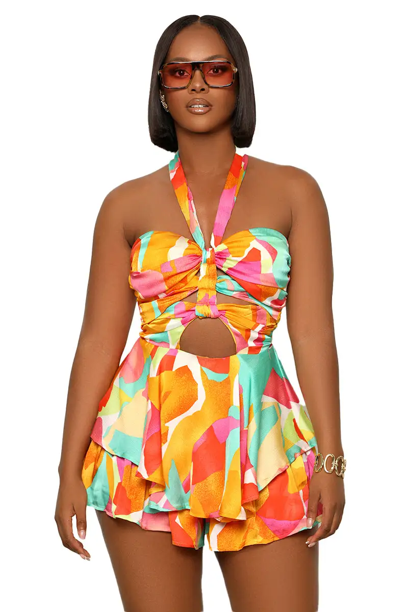 Summer Solstice Cut Out Romper (Orange Multi)-FINAL SALE