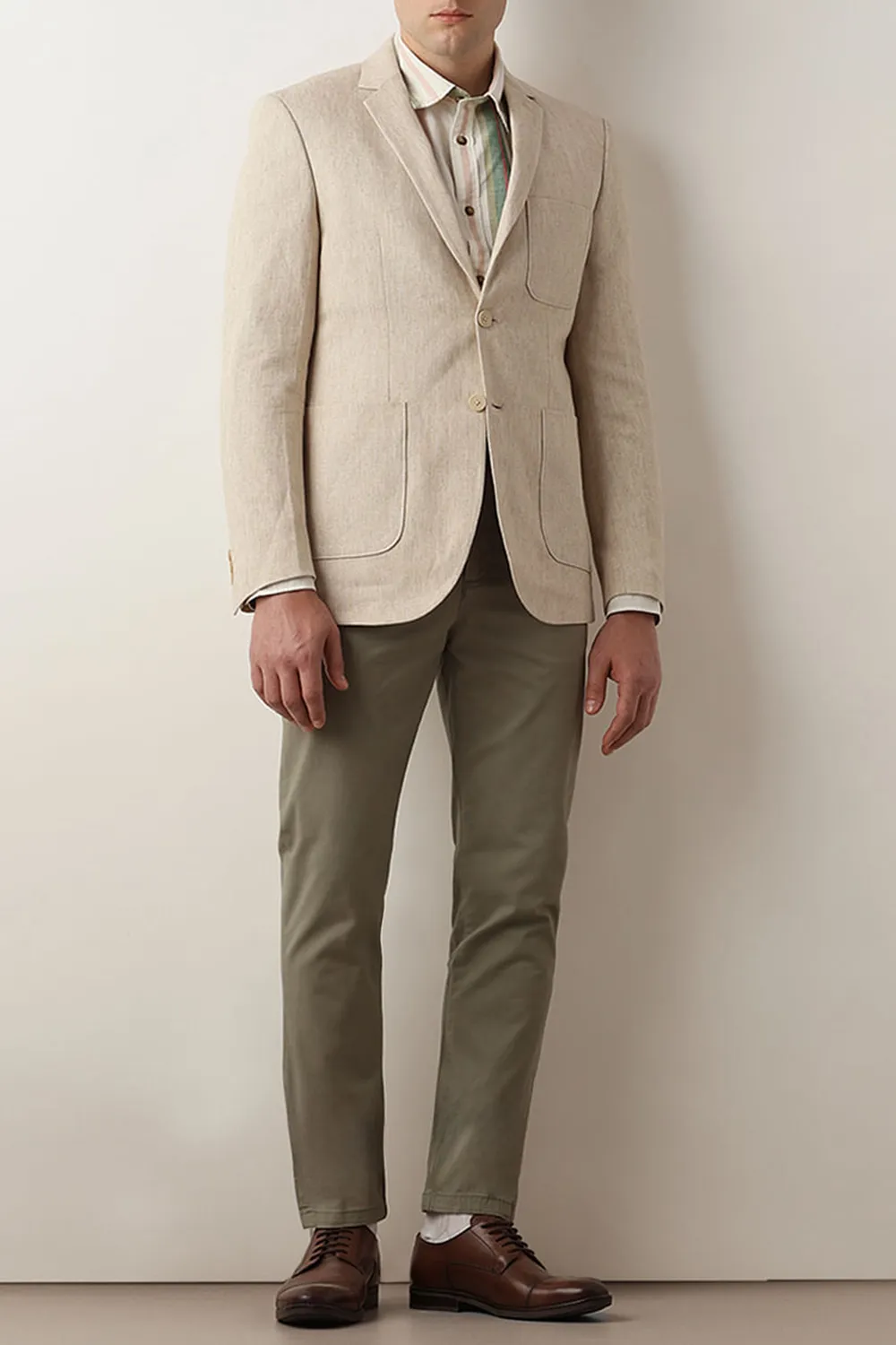 Beige Textured Linen Casual Blazer