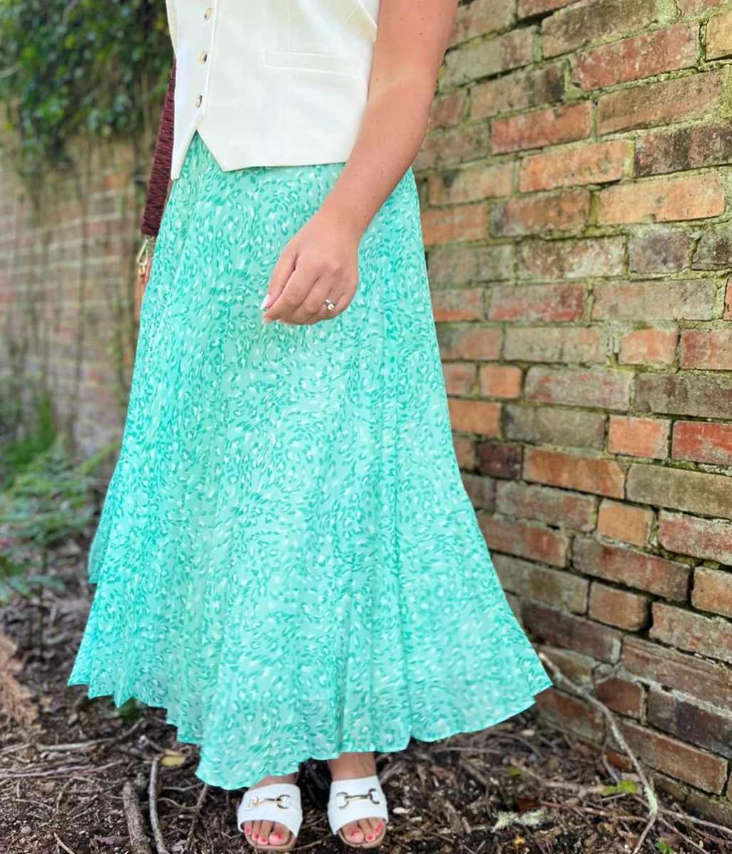 Green Swirling Animal Pleated Midi Skirt 6