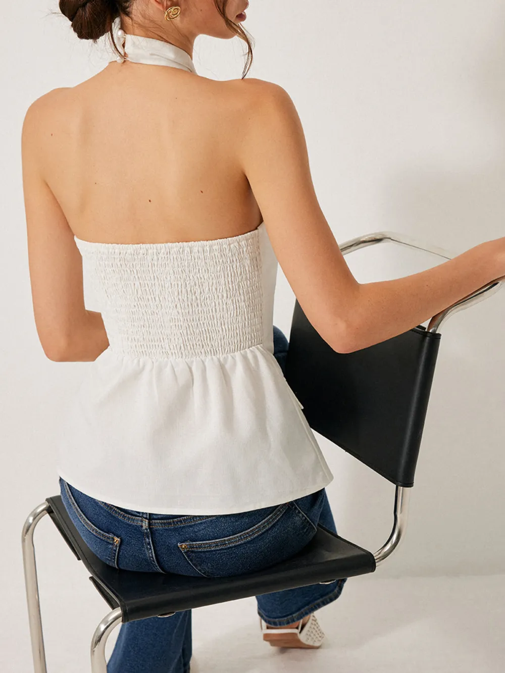 Smocking Detail Backless Cross-Back Halter Top
