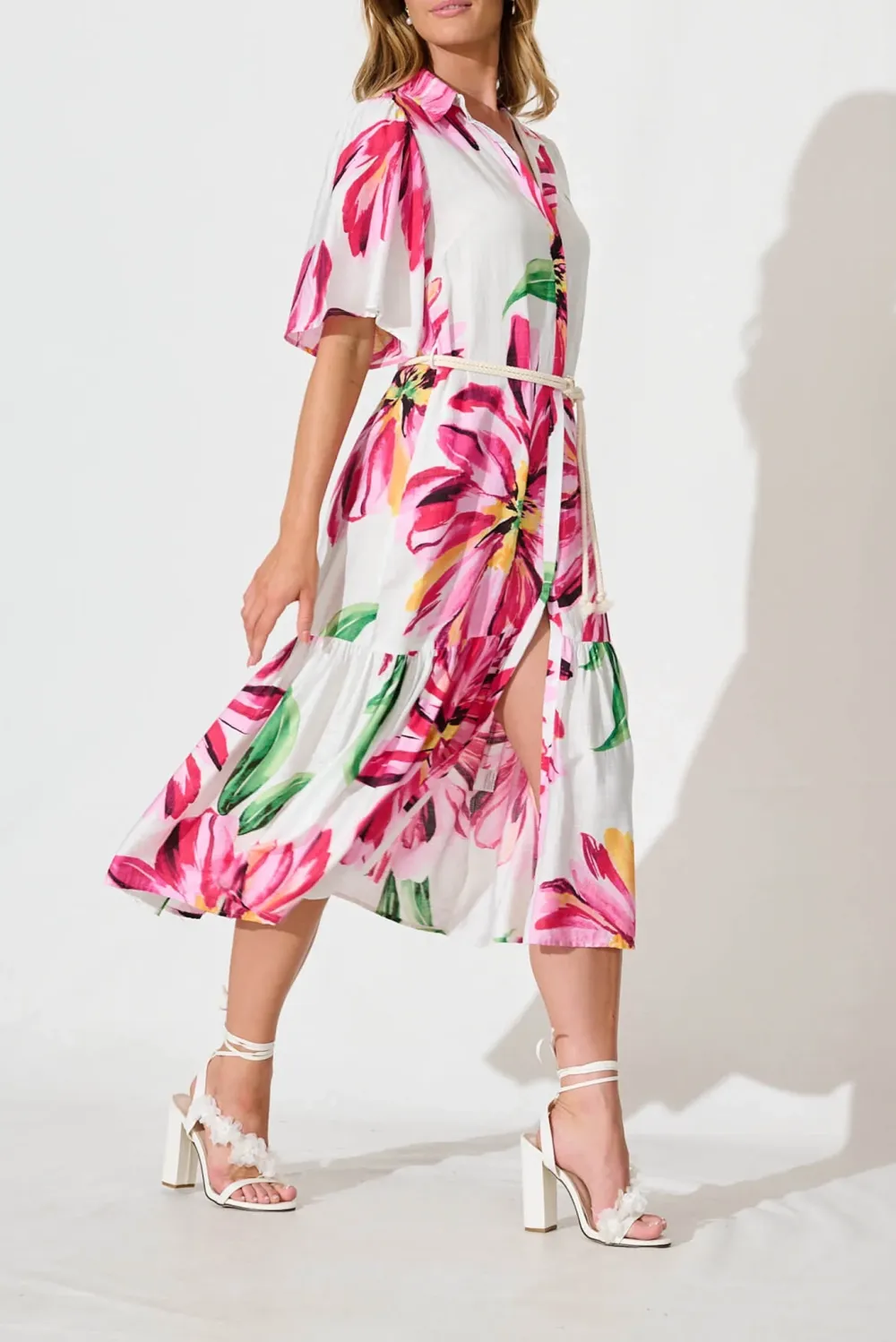 White Based Pink Floral Print Midi Dress