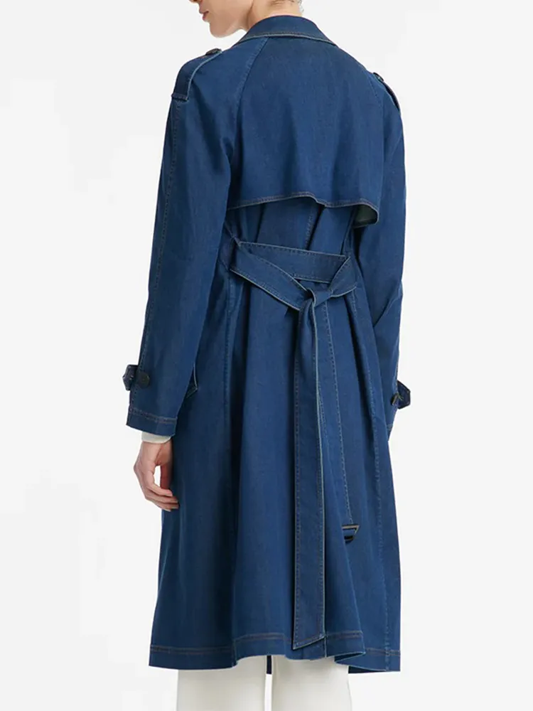 Denim Lapel Women Trench Coat With Belt