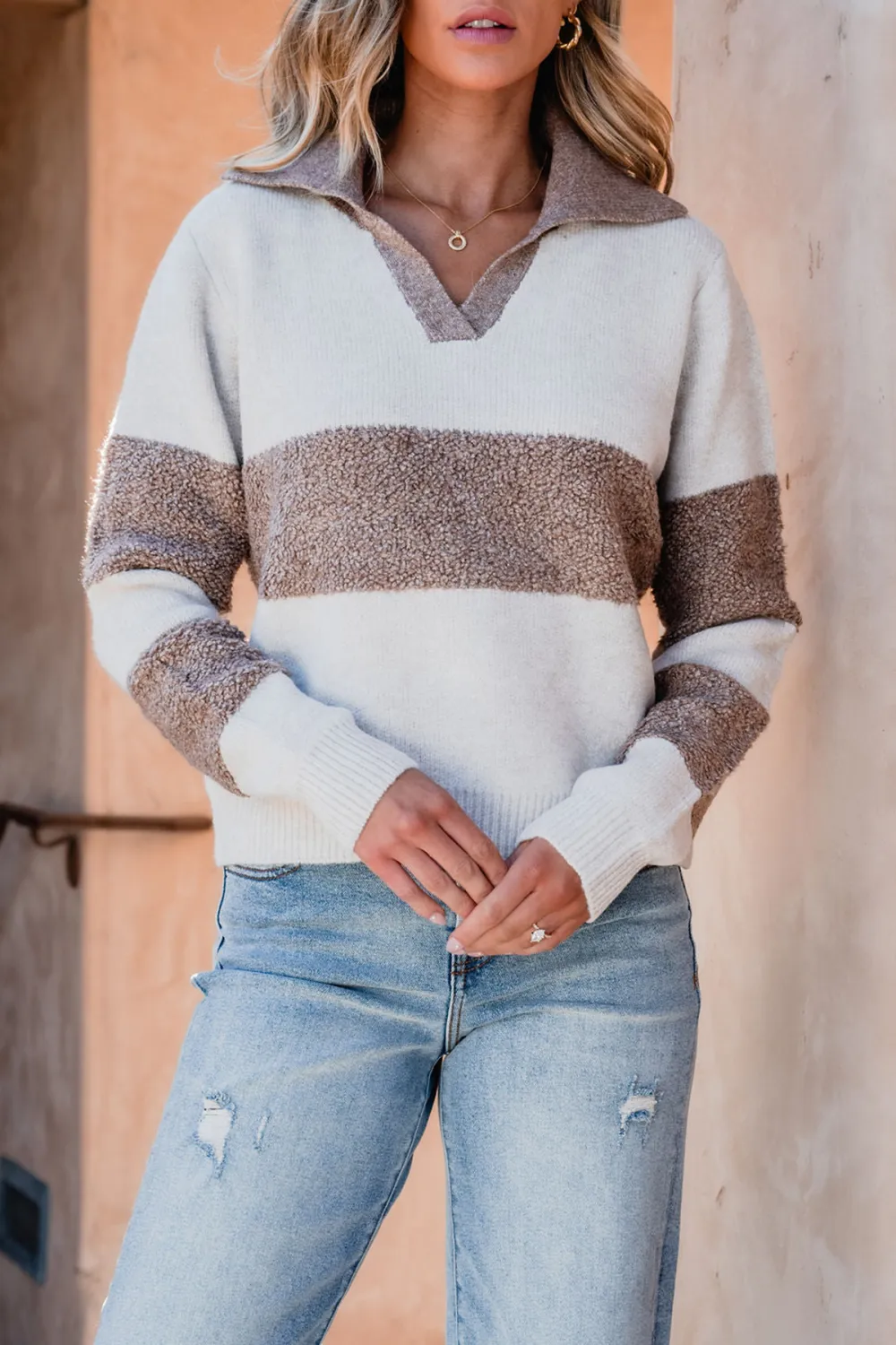 Fuzzy Mocha Striped V Neck Sweater