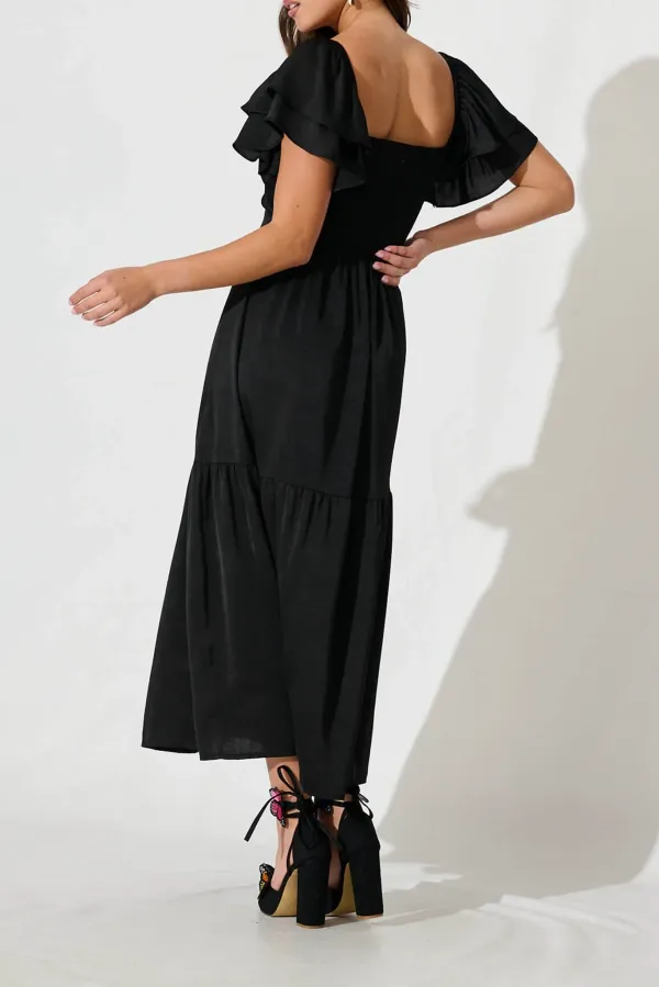 Black Ruffled Sleeve Tiered Maxi Dress