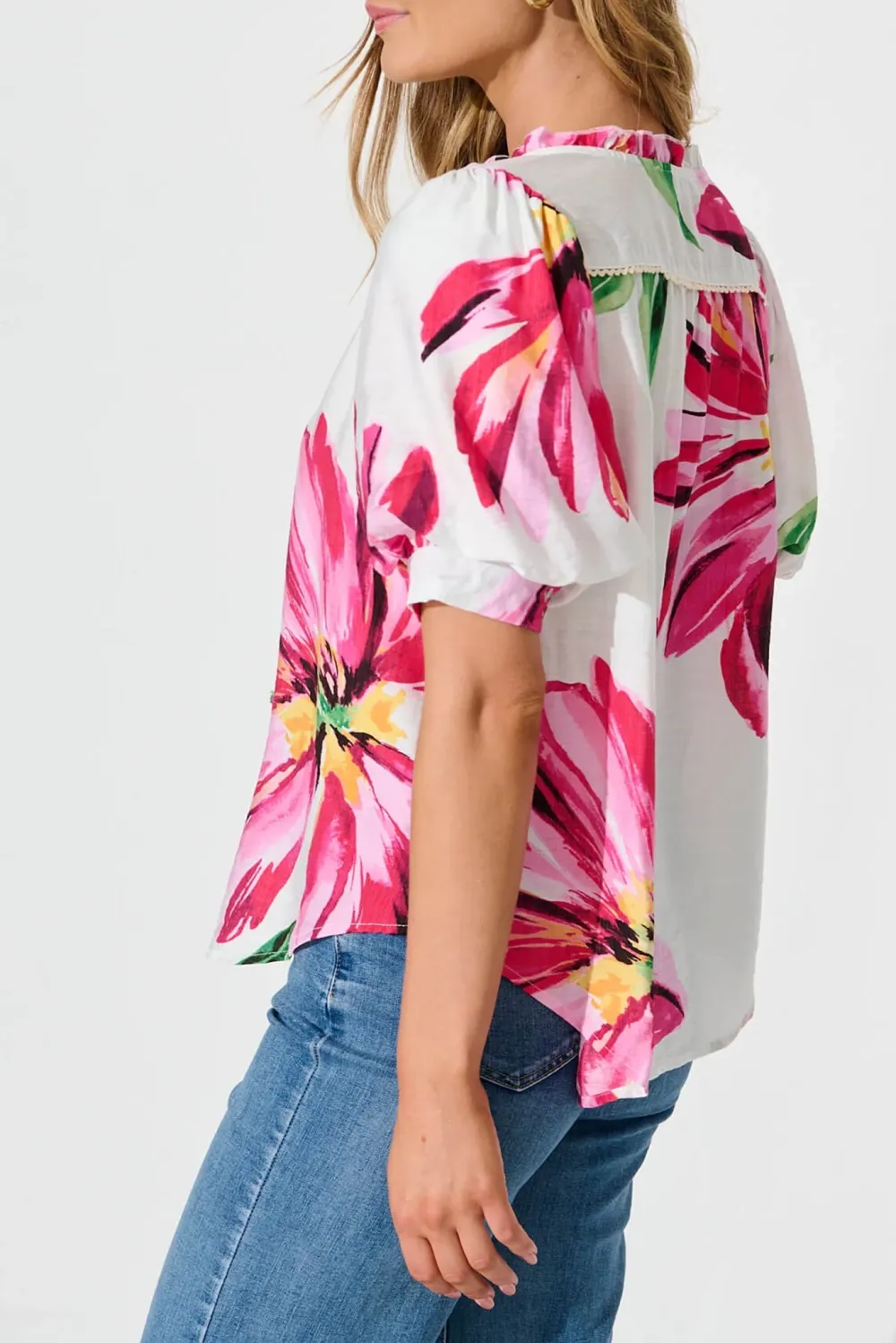 White Floral Print Half Sleeve Shirt