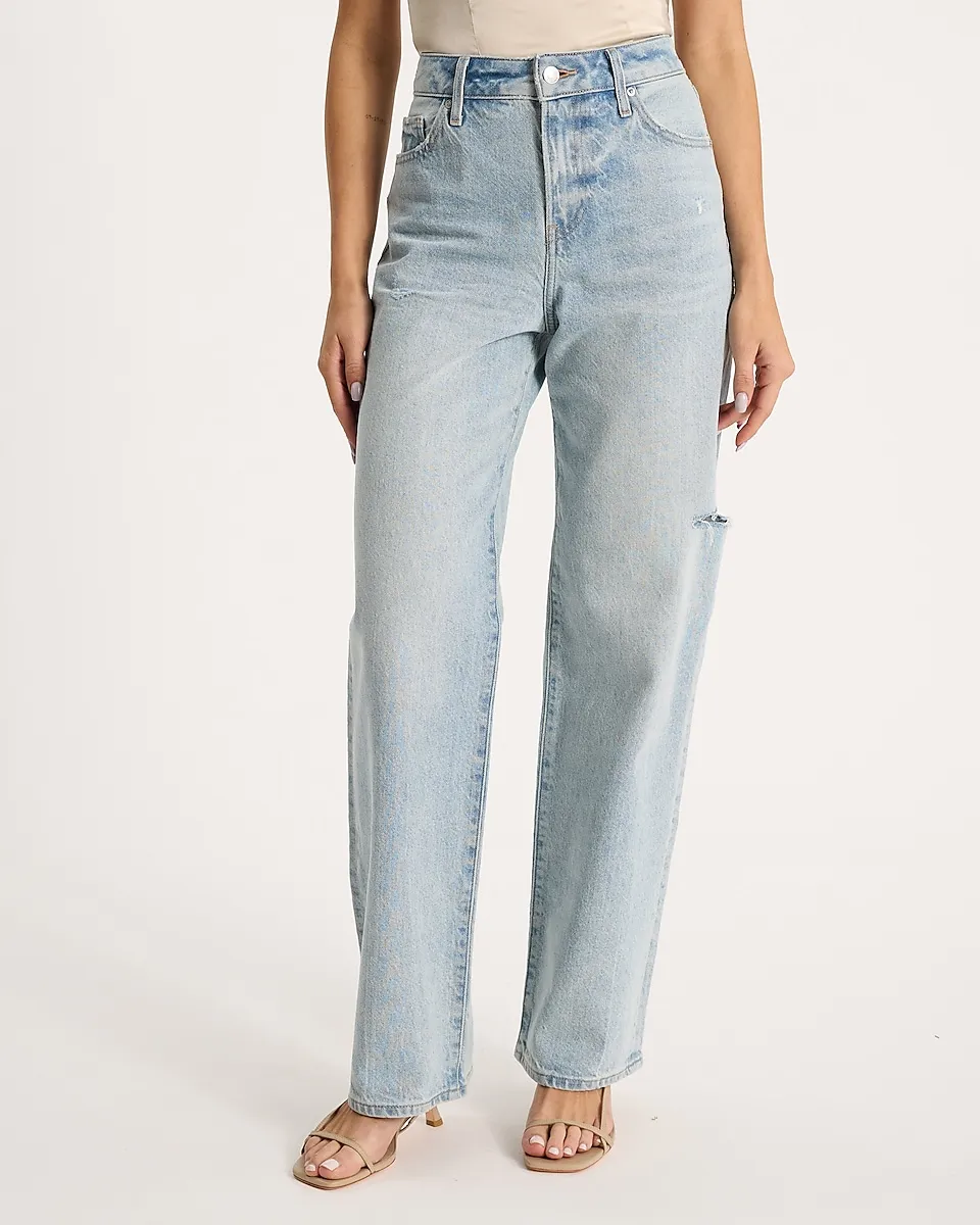 High Waisted Light Wash Ripped 50/50 Rigid Stretch Relaxed Straight Jeans