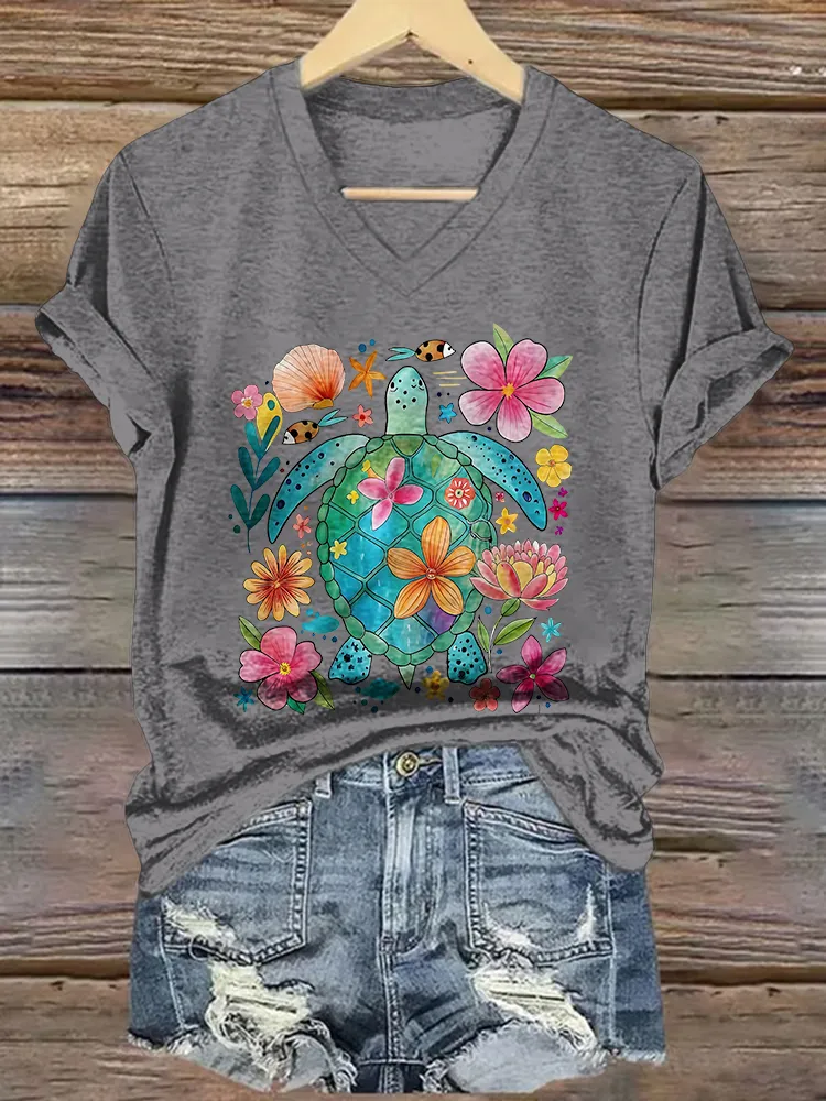 Women's The Sea Turtles Short Sleeves V-Neck Pure Cotton T-Shirt