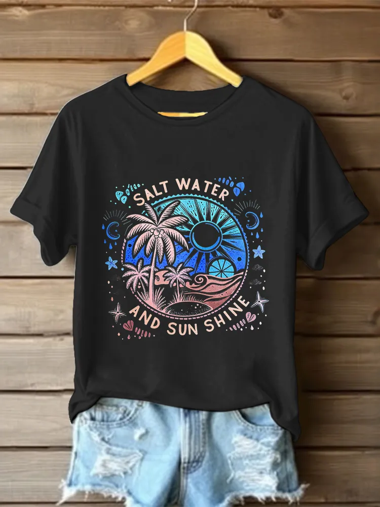 Women's Salt Water And Sunshine Round Neck Short Sleeves Pure Cotton T-Shirt