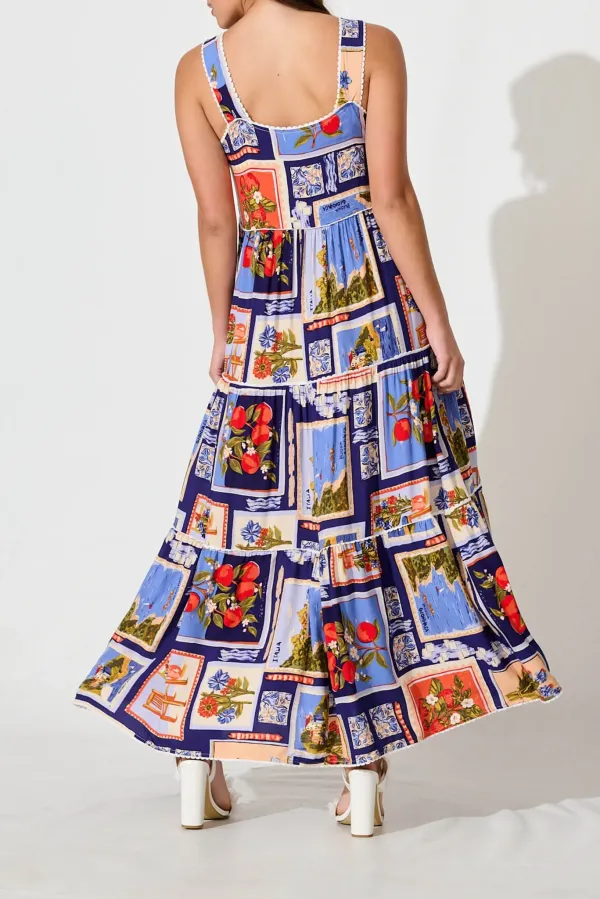 Blue Based Patchwork Print Maxi Dress