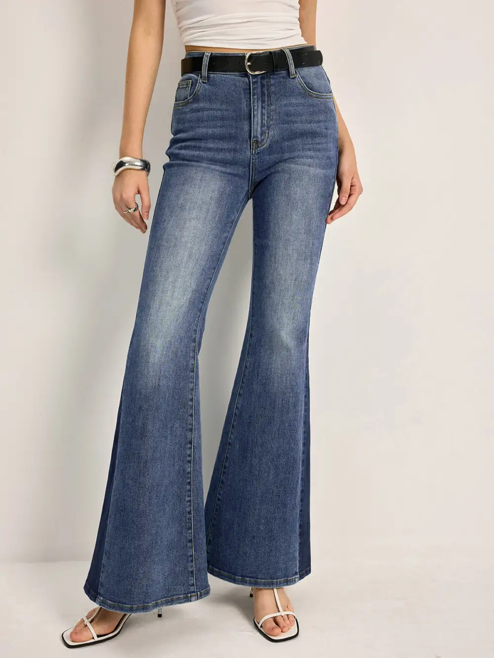 Color Block Flared Jeans With Pockets