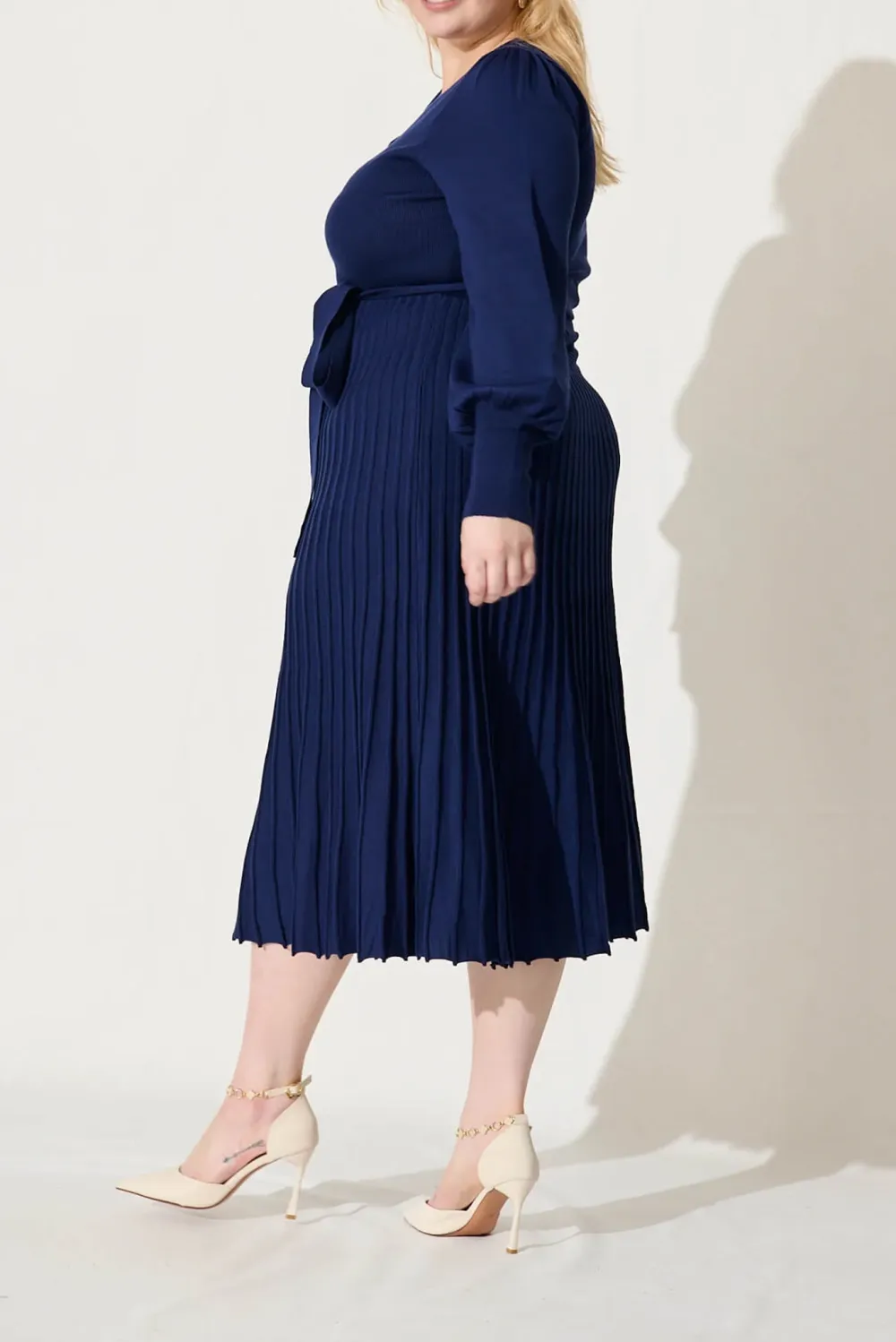Navy Blue Belted Knit Midi Dress