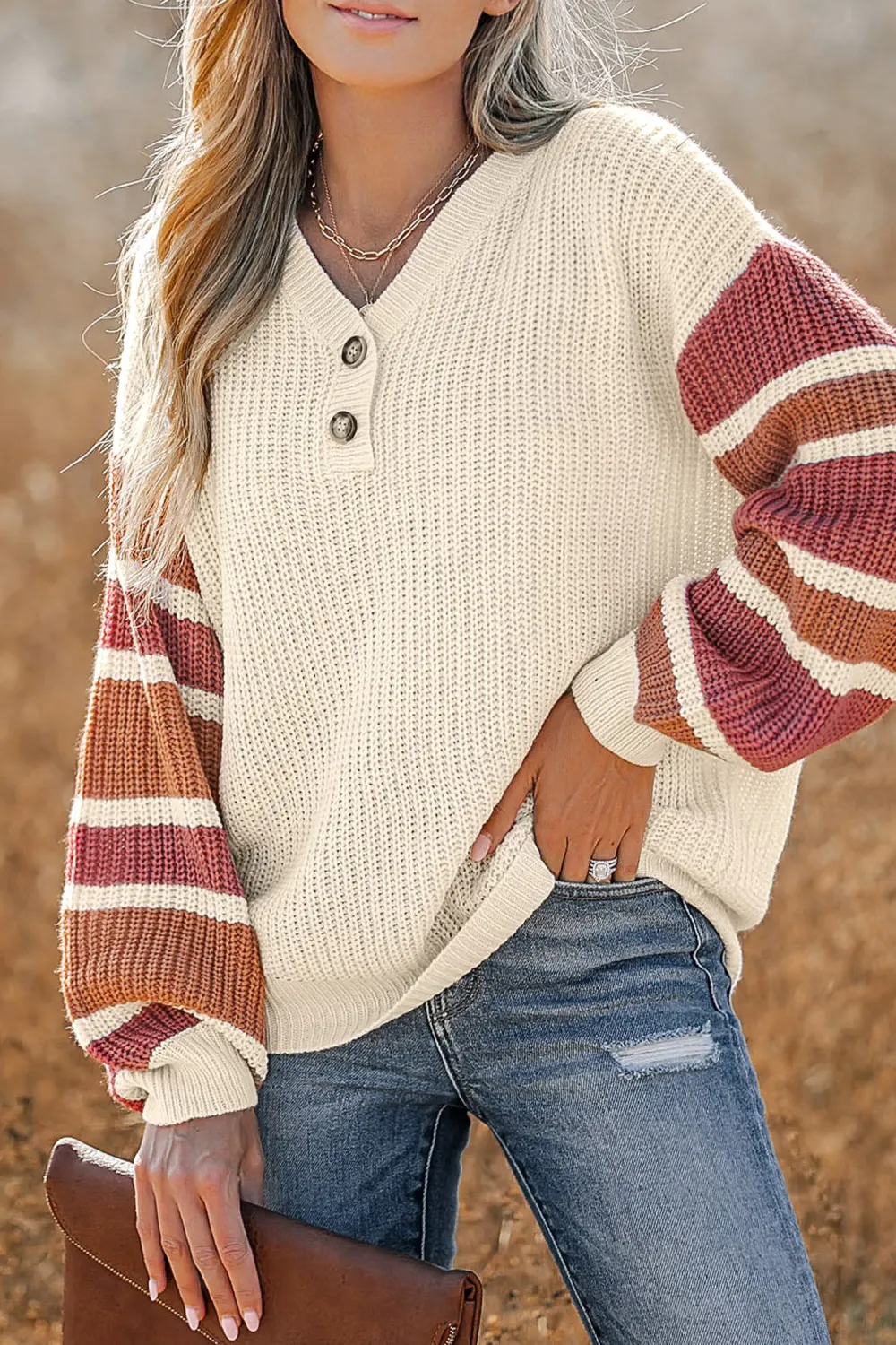 V-Neck Buttoned Striped Sweater