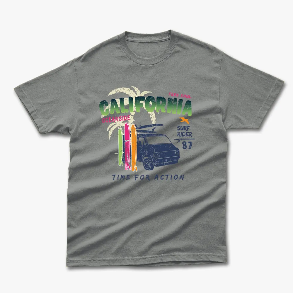Retro Summer California Time For Action Printed T-Shirt