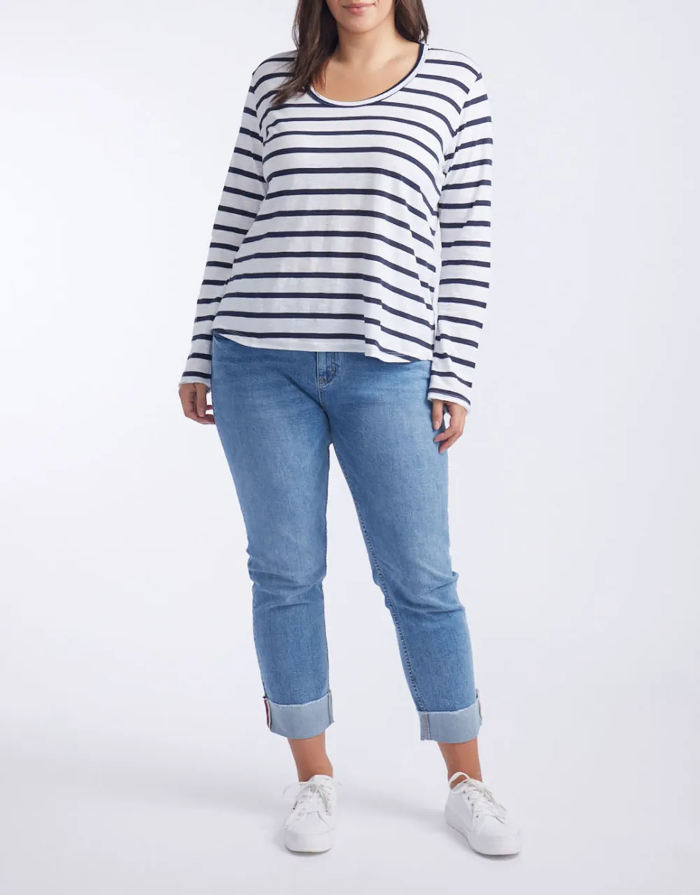 Original Round Neck Long Sleeve T-Shirt - Navy/White Stripe